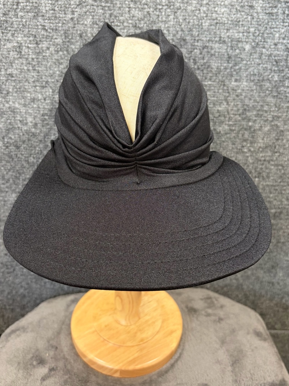 Ruched Black Visor Hat with Draped Crown